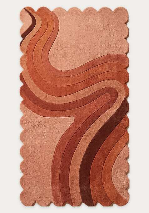 100% Wool Handmade Terracotta Rug | Retro Swirls Scalloped Carpet With Cotton Backing For Living Room