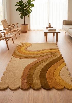Saffron Rugs Hand Tufted Golden Yellow Swirls Retro Scalloped Wool Area Rug