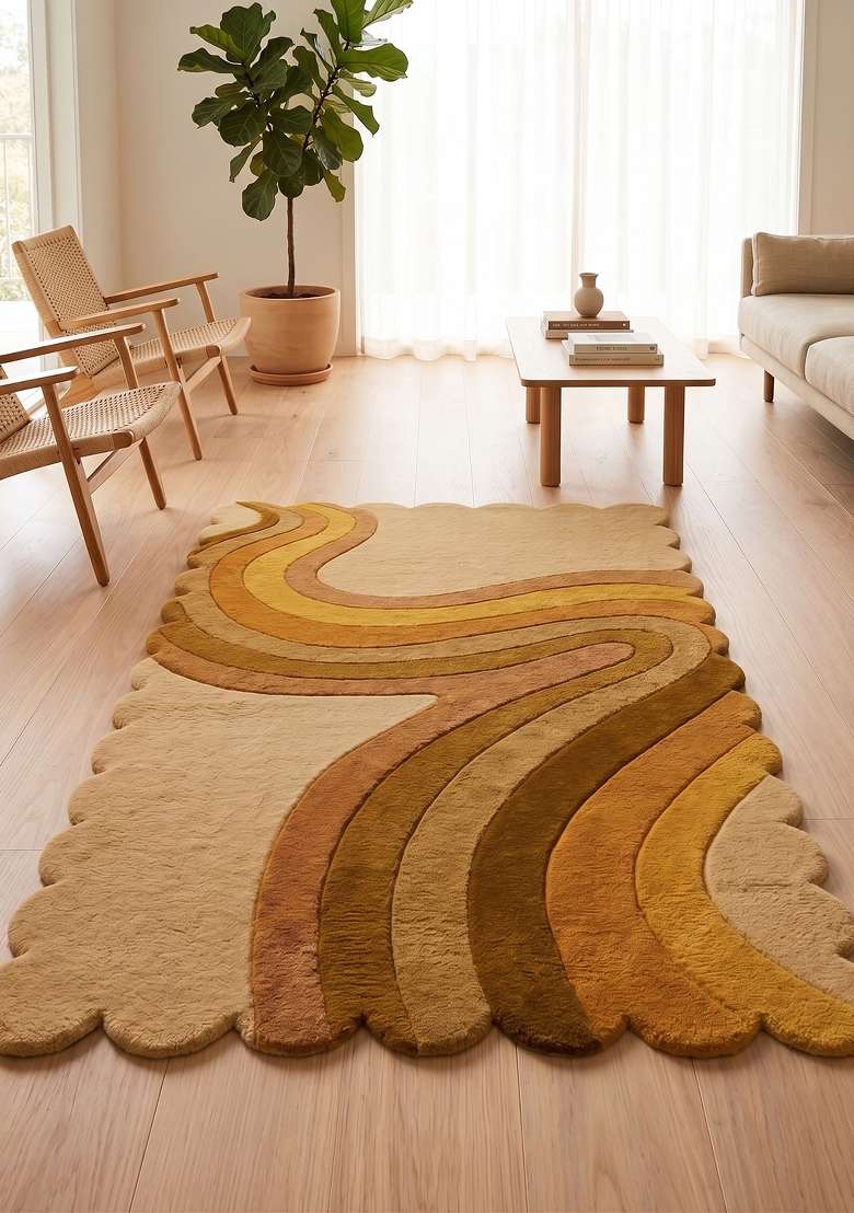 100% Wool Handmade Golden Yellow Rug | Retro Swirls Scalloped Carpet With Cotton Backing For Living Room - Indya