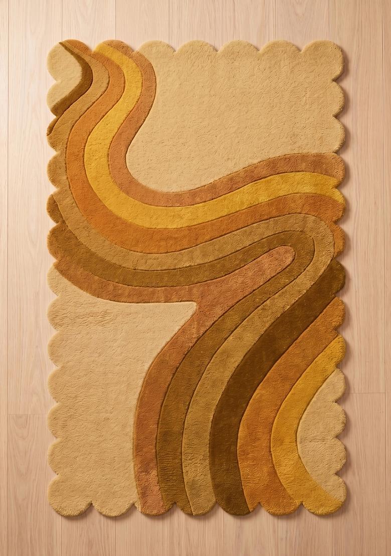 Saffron Rugs Hand Tufted Golden Yellow Swirls Retro Scalloped Wool Area Rug - Indya