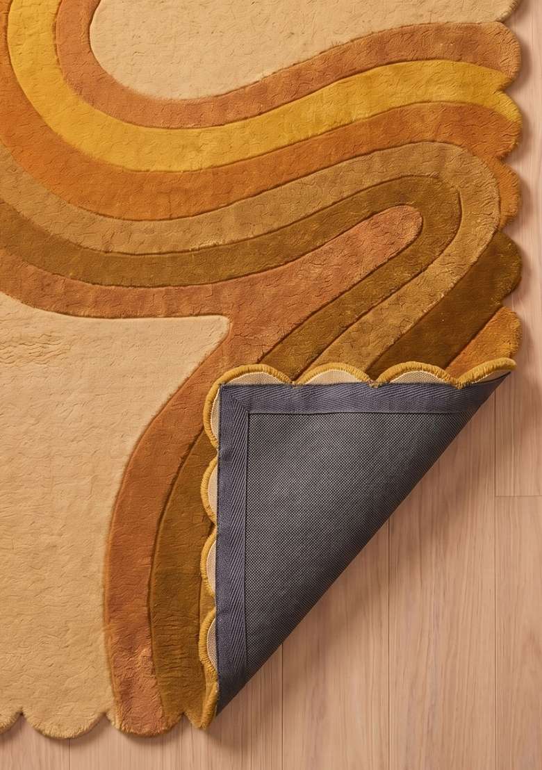 100% Wool Handmade Golden Yellow Rug | Retro Swirls Scalloped Carpet With Cotton Backing For Living Room - Indya