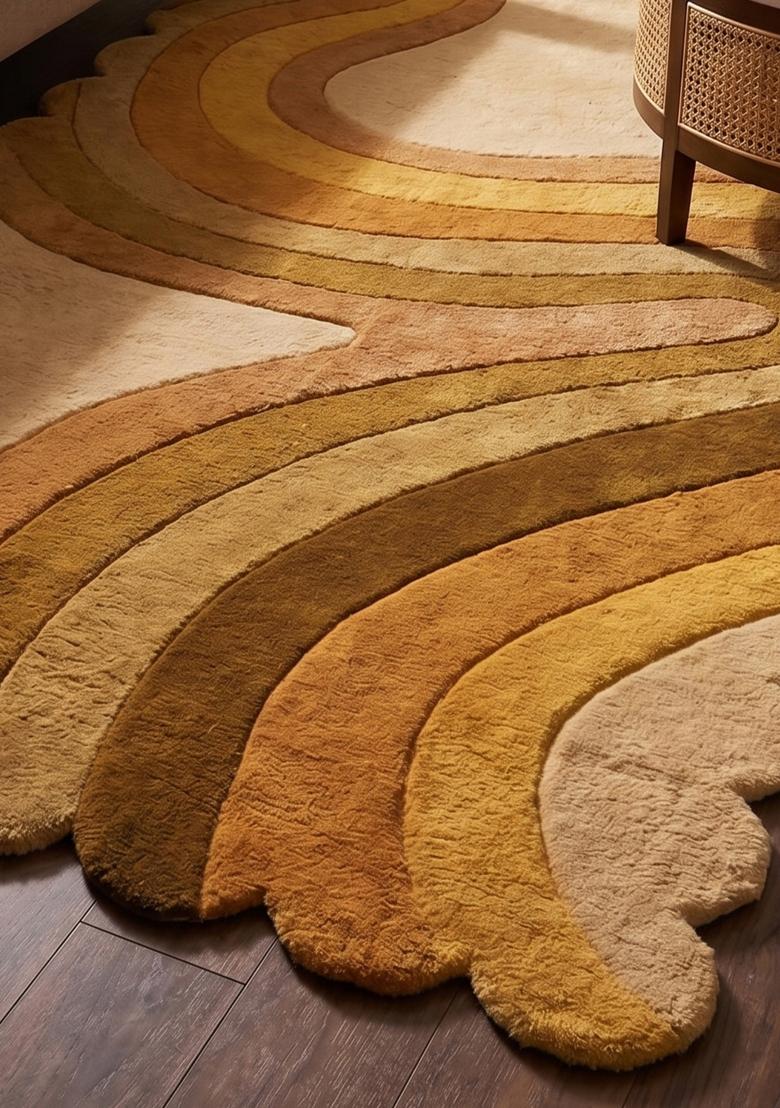 Saffron Rugs Hand Tufted Golden Yellow Swirls Retro Scalloped Wool Area Rug - Indya