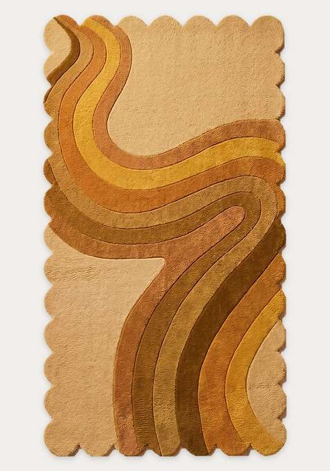100% Wool Handmade Golden Yellow Rug | Retro Swirls Scalloped Carpet With Cotton Backing For Living Room