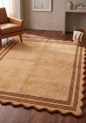 Saffron Rugs Hand Tufted Caramel Gold Striped Bohemian Scalloped Wool Area Rug