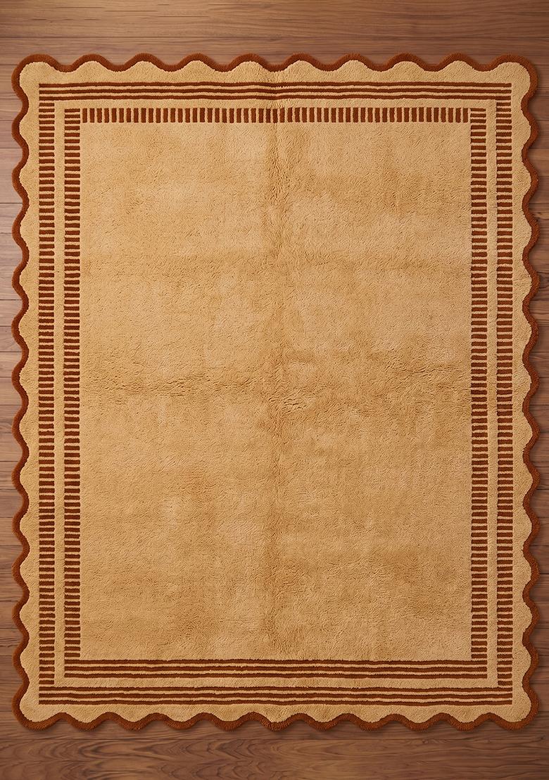 Saffron Rugs Hand Tufted Caramel Gold Striped Bohemian Scalloped Wool Area Rug - Indya