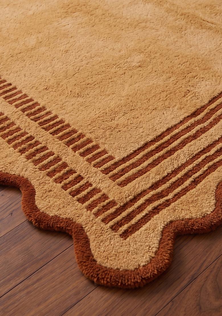 Saffron Rugs Hand Tufted Caramel Gold Striped Bohemian Scalloped Wool Area Rug - Indya
