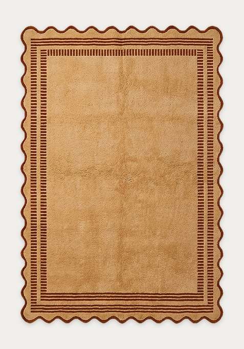 100% Wool Handmade Caramel Gold Rug | Bohemian Striped Scalloped Carpet With Cotton Backing For Living Room