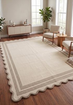 Saffron Rugs Hand Tufted Cream Beige Striped Bohemian Scalloped Wool Area Rug