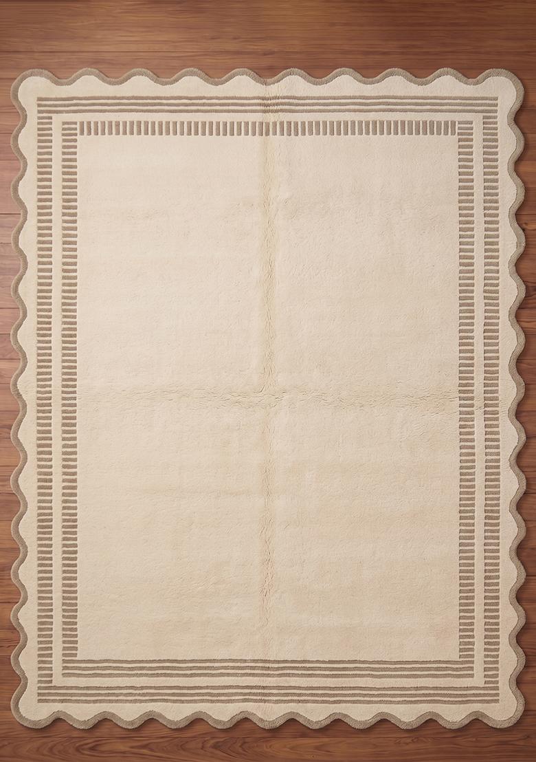 Saffron Rugs Hand Tufted Cream Beige Striped Bohemian Scalloped Wool Area Rug - Indya