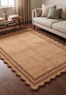 Saffron Rugs Hand Tufted Camel Beige Striped Bohemian Scalloped Wool Area Rug