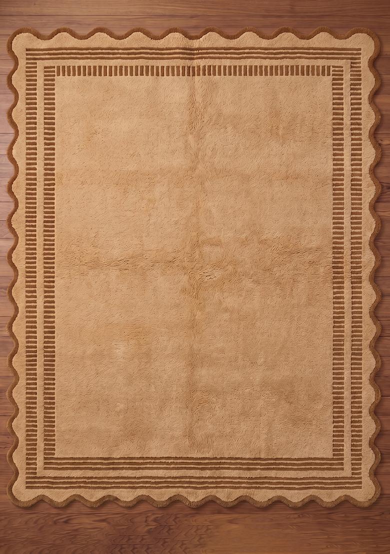 Saffron Rugs Hand Tufted Camel Beige Striped Bohemian Scalloped Wool Area Rug - Indya