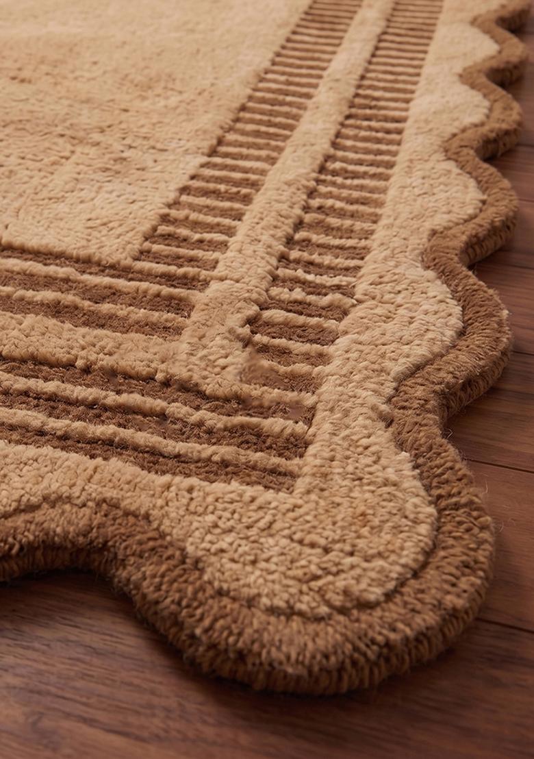 Saffron Rugs Hand Tufted Camel Beige Striped Bohemian Scalloped Wool Area Rug - Indya