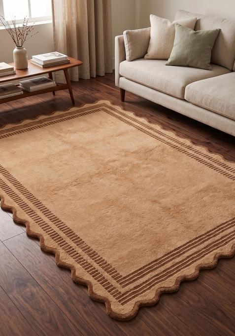 Saffron Rugs Hand Tufted Camel Beige Striped Bohemian Scalloped Wool Area Rug