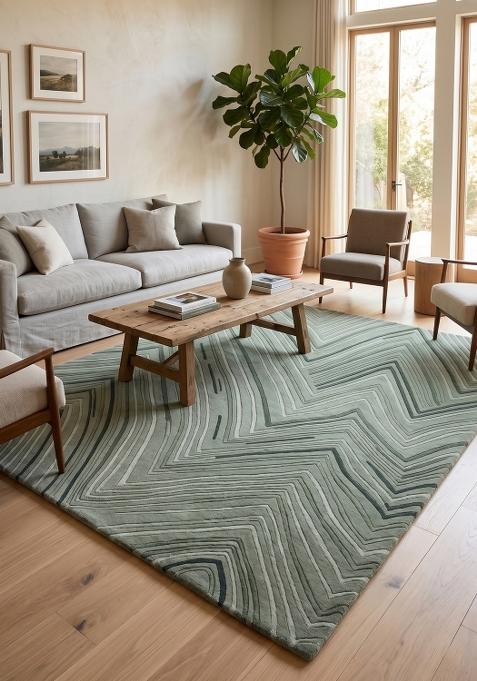 Saffron Rugs Hand Tufted Sage Green Chevron Contemporary Rectangular Wool Area Rug