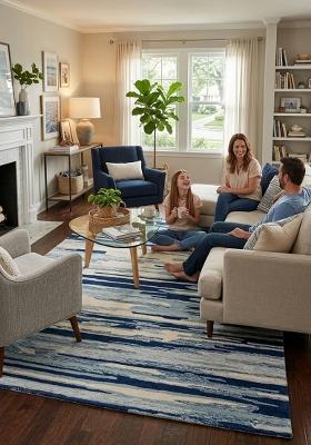 Saffron Rugs Hand Tufted Navy Blue Striped Contemporary Rectangular Wool Area Rug