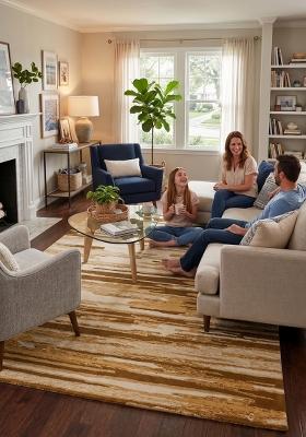 Saffron Rugs Hand Tufted Gold Striped Contemporary Rectangular Wool Area Rug