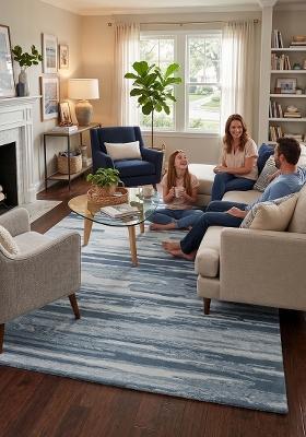 Saffron Rugs Hand Tufted Steel Blue Striped Contemporary Rectangular Wool Area Rug