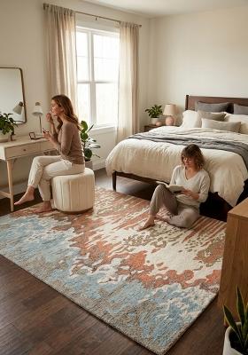 Saffron Rugs Hand Tufted Multicolor Cream Terracotta Blue-Gray Swirls Contemporary Rectangular Wool Area Rug