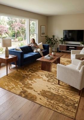 Saffron Rugs Hand Tufted Gold Swirls Contemporary Rectangular Wool Area Rug