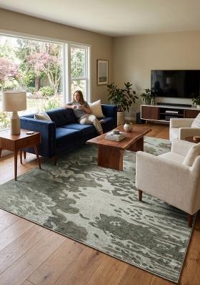 Saffron Rugs Hand Tufted Sage Green Swirls Contemporary Rectangular Wool Area Rug