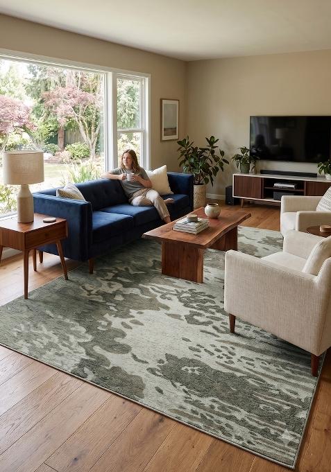 Saffron Rugs Hand Tufted Sage Green Swirls Contemporary Rectangular Wool Area Rug