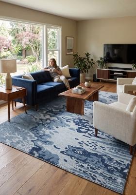 Saffron Rugs Hand Tufted Steel Blue Swirls Contemporary Rectangular Wool Area Rug