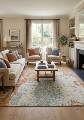 Saffron Rugs Hand Tufted Copper Orange with Cream and Blue accents Marble Contemporary Rectangular Wool Area Rug