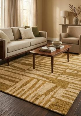 Saffron Rugs Hand Tufted Golden Tan Geometric Contemporary Rectangular Wool Area Rug