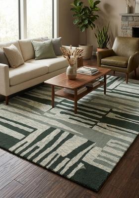Saffron Rugs Hand Tufted Grey Green Geometric Contemporary Rectangular Wool Area Rug