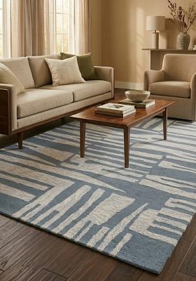 Saffron Rugs Hand Tufted Slate Blue Grey Geometric Contemporary Rectangular Wool Area Rug