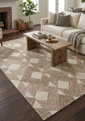 Saffron Rugs Hand Tufted Ivory Brown  Contemporary Rectangular Wool Area Rug