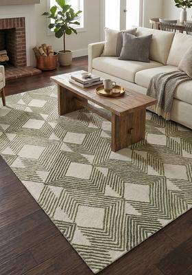Saffron Rugs Hand Tufted Ivory Green  Contemporary Rectangular Wool Area Rug