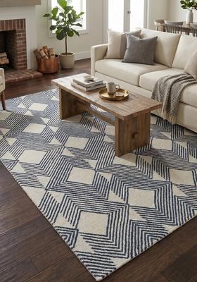 Saffron Rugs Hand Tufted Ivory Navy Blue  Contemporary Rectangular Wool Area Rug