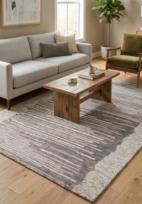 Saffron Rugs Hand Tufted Grey Beige Striped Contemporary Rectangular Wool Area Rug
