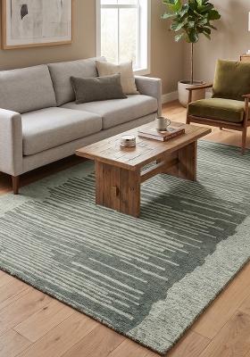 Saffron Rugs Hand Tufted Sage Green Striped Contemporary Rectangular Wool Area Rug