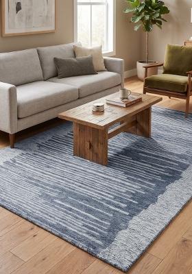 Saffron Rugs Hand Tufted Blue Striped Contemporary Rectangular Wool Area Rug