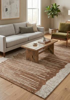 Saffron Rugs Hand Tufted Brown and Ivory Striped Contemporary Rectangular Wool Area Rug