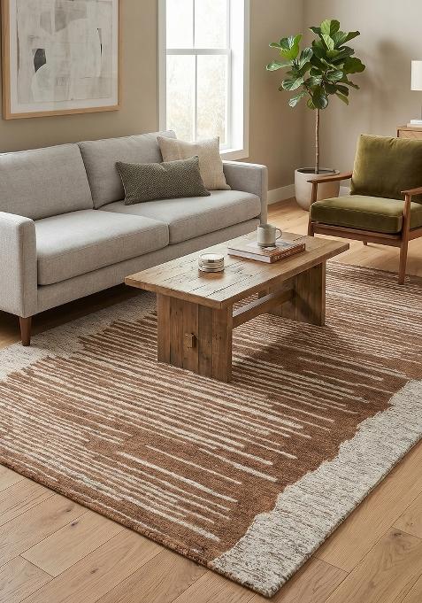 Saffron Rugs Hand Tufted Brown and Ivory Striped Contemporary Rectangular Wool Area Rug