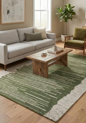 Saffron Rugs Hand Tufted Olive Green Striped Contemporary Rectangular Wool Area Rug