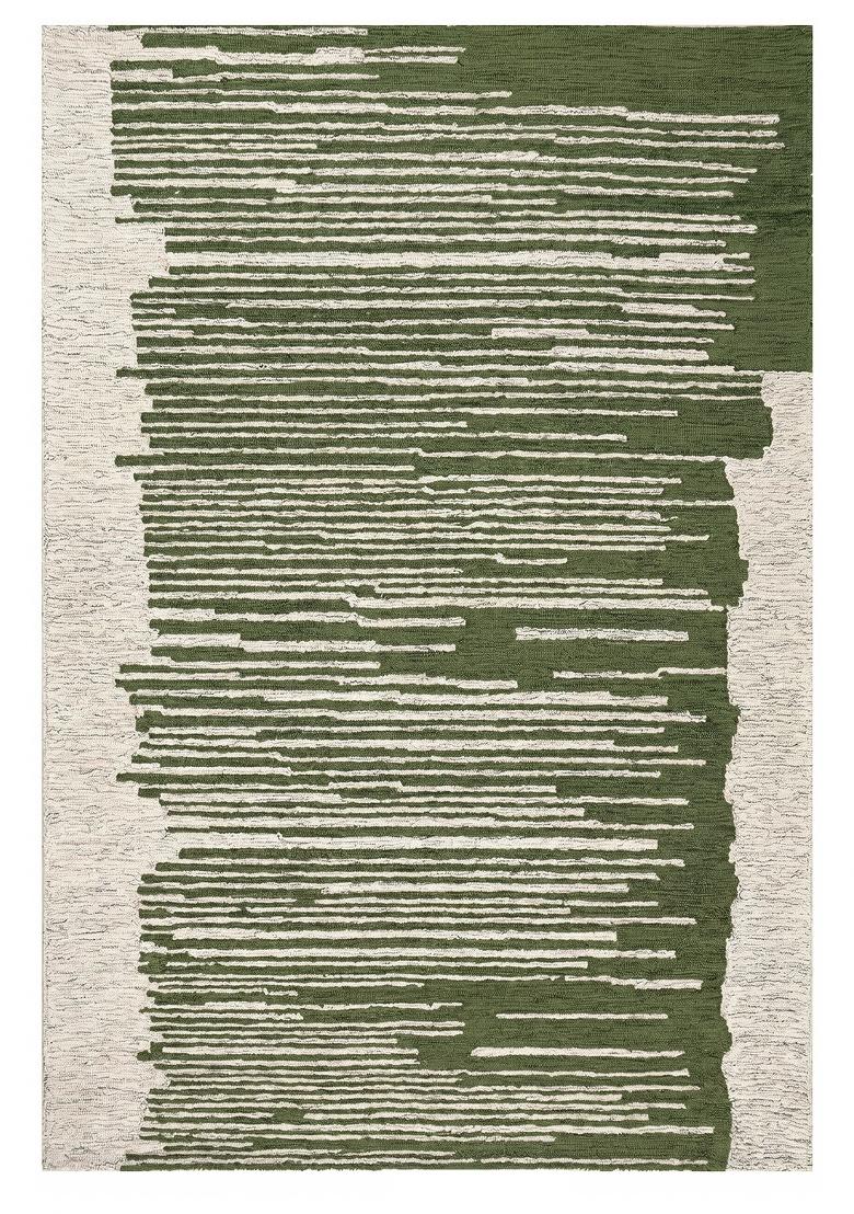 Saffron Rugs Hand Tufted Olive Green Striped Contemporary Rectangular Wool Area Rug - Indya