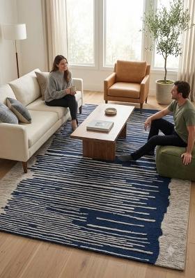 Saffron Rugs Hand Tufted Navy Blue Striped Contemporary Rectangular Wool Area Rug