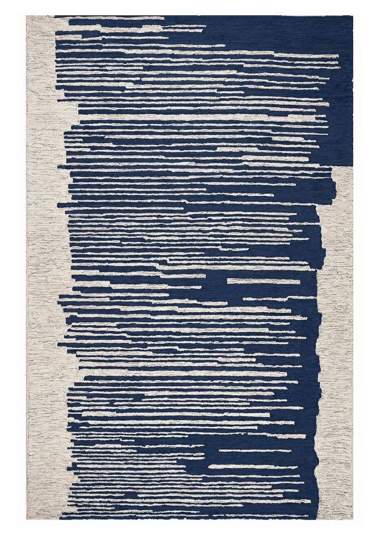 Saffron Rugs Hand Tufted Navy Blue Striped Contemporary Rectangular Wool Area Rug - Indya