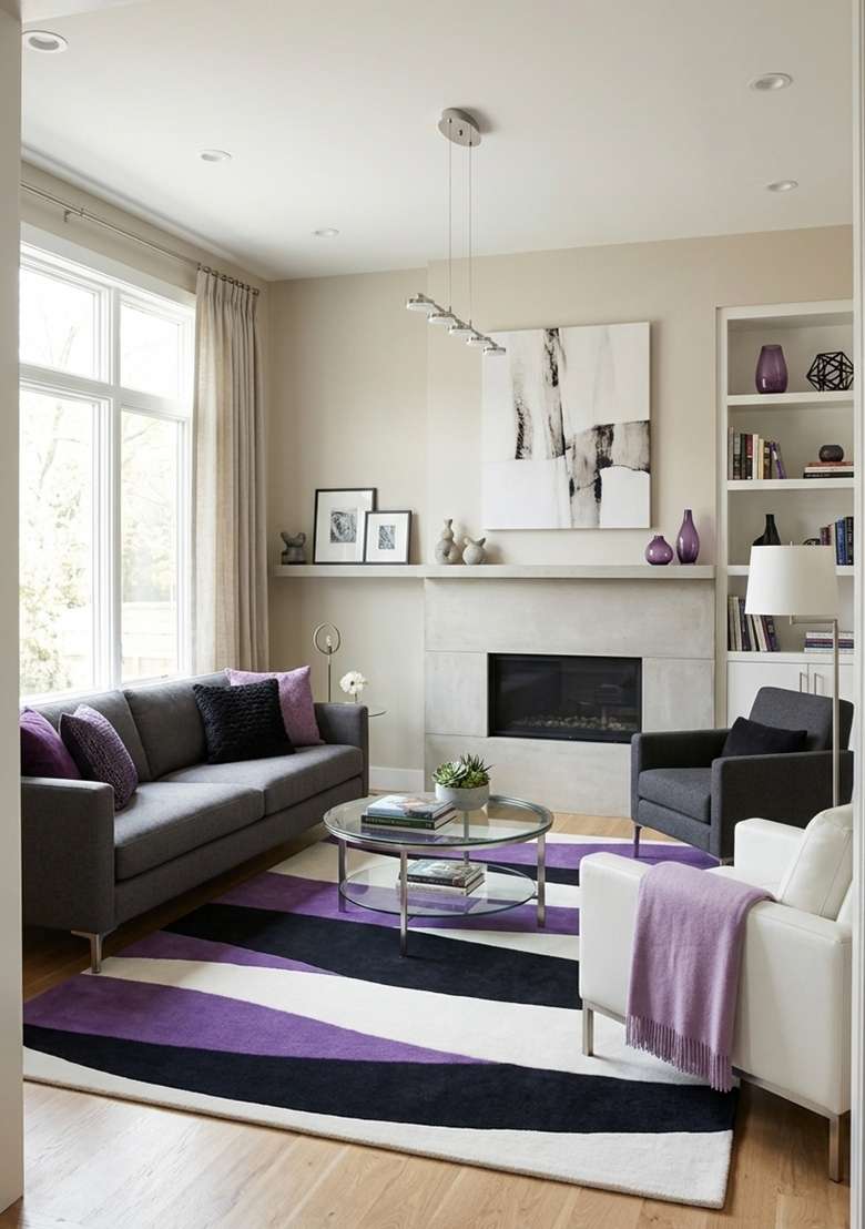 100% Wool Handmade Multicolor Purple Black White Rug | Modern Swirls Carpet With Cotton Backing For Living Room - Indya
