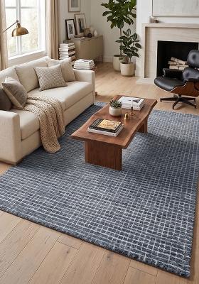 Saffron Rugs Hand Tufted Steel Blue Checkered Casual Rectangular Wool Area Rug