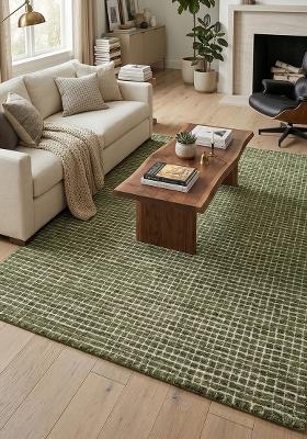 Saffron Rugs Hand Tufted Olive Green Checkered Casual Rectangular Wool Area Rug