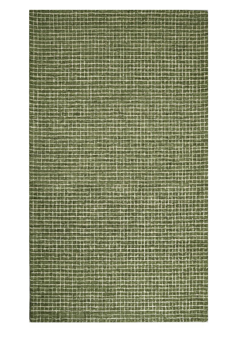 Saffron Rugs Hand Tufted Olive Green Checkered Casual Rectangular Wool Area Rug - Indya
