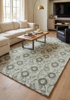 Saffron Rugs Hand Tufted Light Grey Floral Transitional Rectangular Wool Area Rug