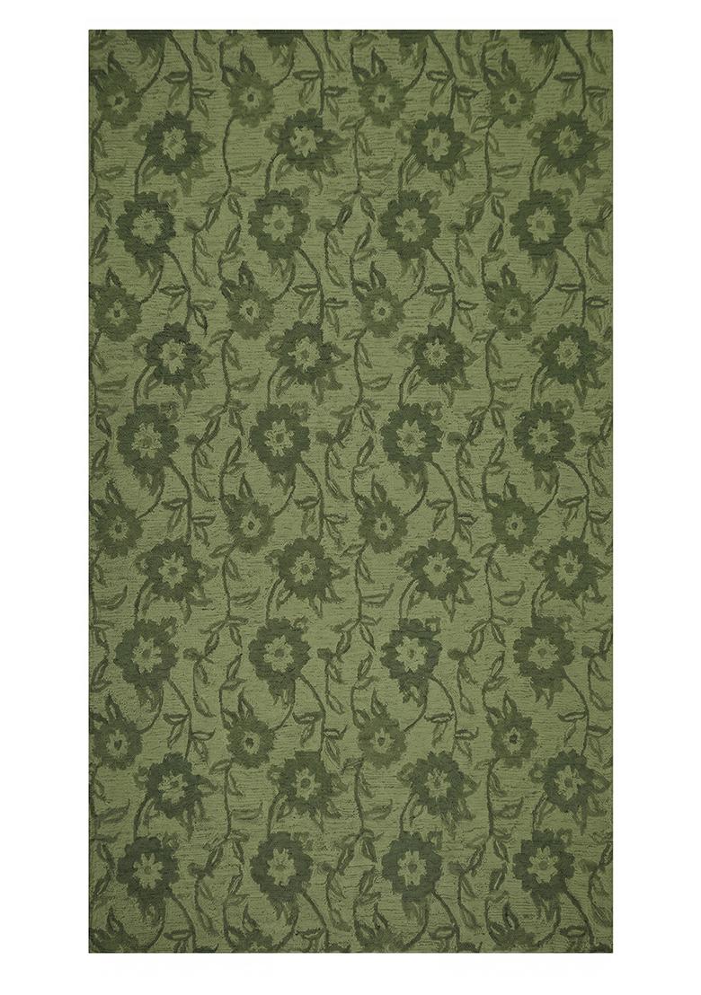 Saffron Rugs Hand Tufted Olive Green Floral Transitional Rectangular Wool Area Rug - Indya