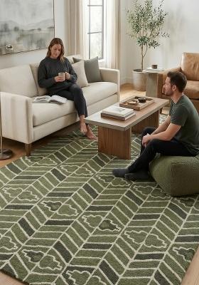 Saffron Rugs Hand Tufted Green Geometric Transitional Rectangular Wool Area Rug