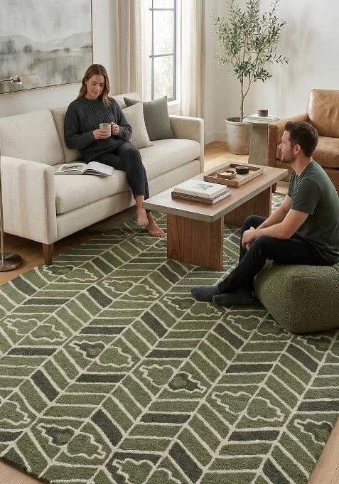 Saffron Rugs Hand Tufted Green Geometric Transitional Rectangular Wool Area Rug